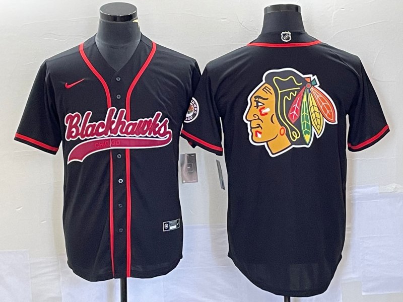 Men's Chicago Blackhawks Black Team Big Logo Cool Base Stitched Baseball Jersey